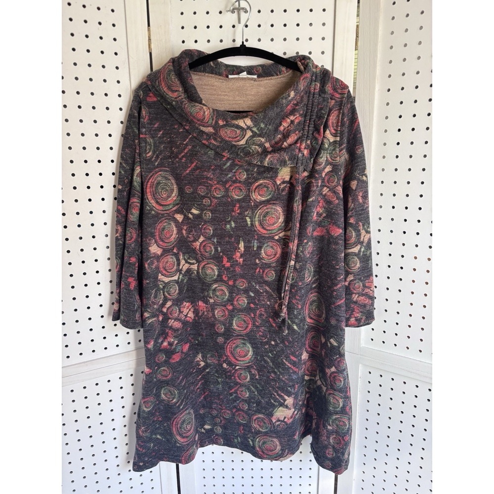 North Style Cowl Neck Tunic Sweater 3/4 SLV Gray Orange Circle Geo Women's 2X